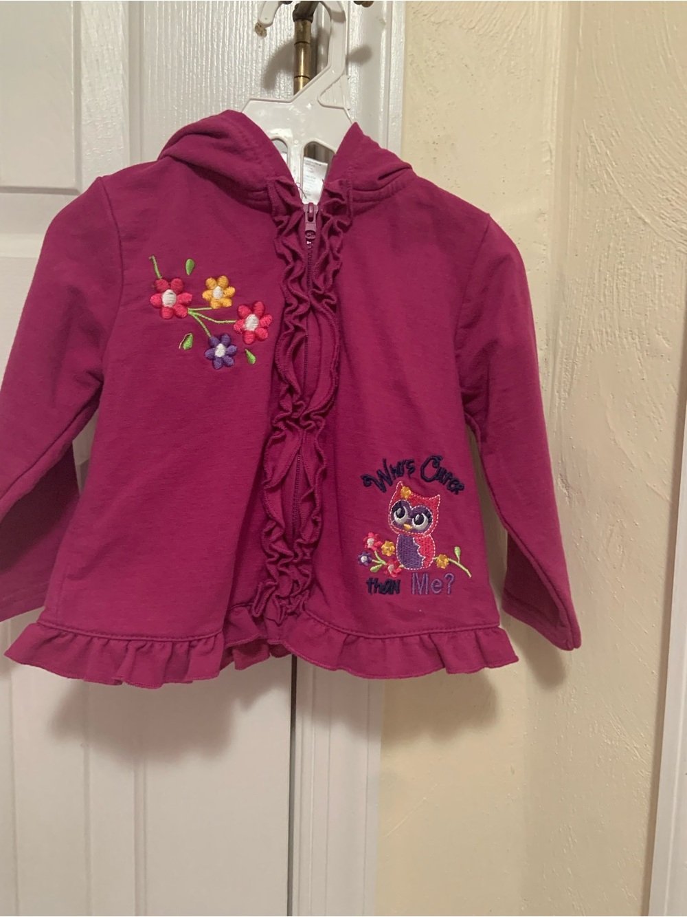 Girls' Magenta Hooded Ruffle Jacket with Embroidered Owl